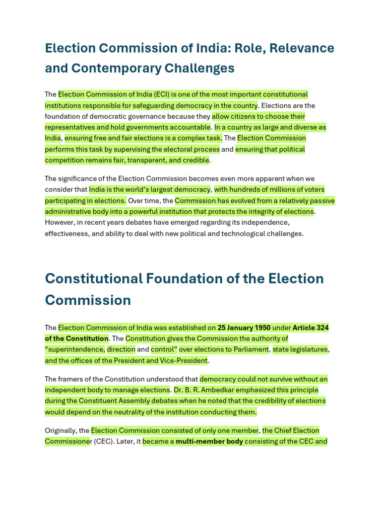 Election Commission of India Role | PDF | Elections | Electronic Voting