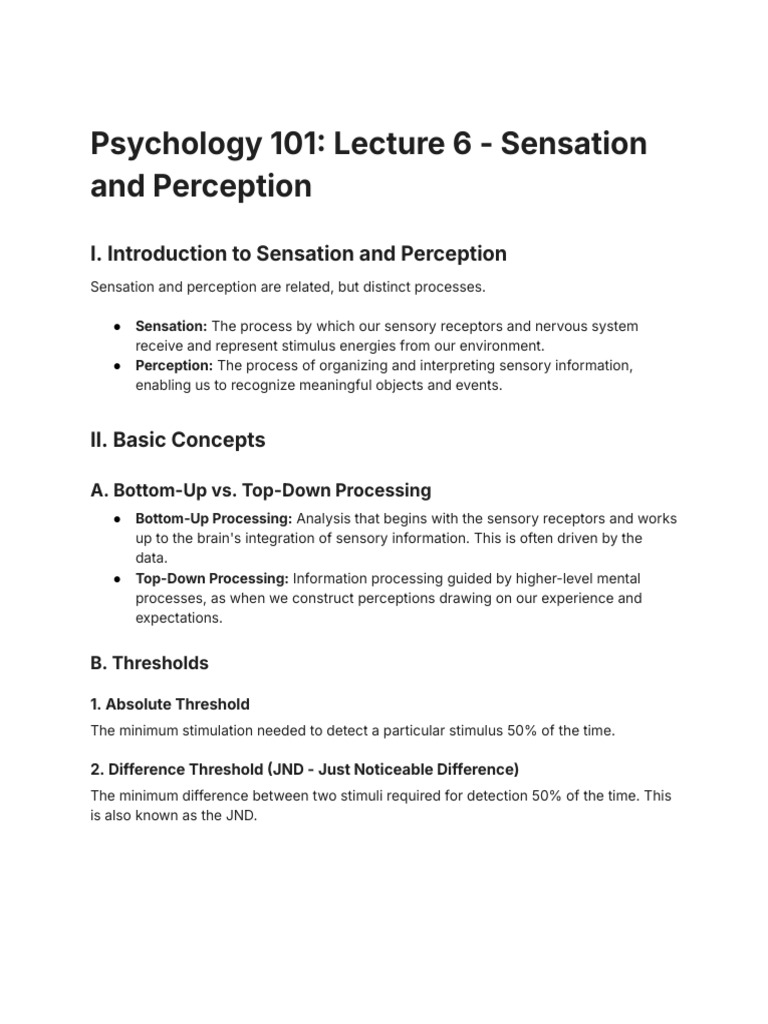 Psych 101 Lecture 6 Class Notes | PDF | Senses | Perception