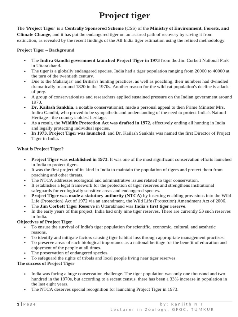 Project Tiger Notes | PDF | Wildlife | Conservation Biology