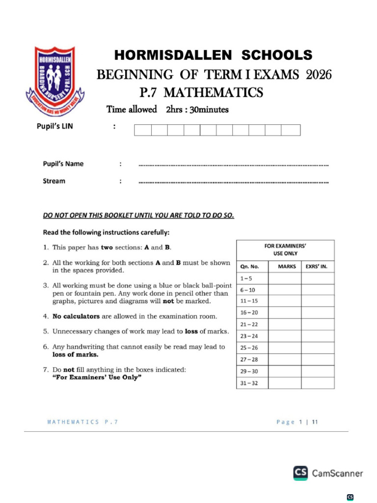 Hormisdallen Schools Beginning of Term One Paper For Mathematics p7 | PDF