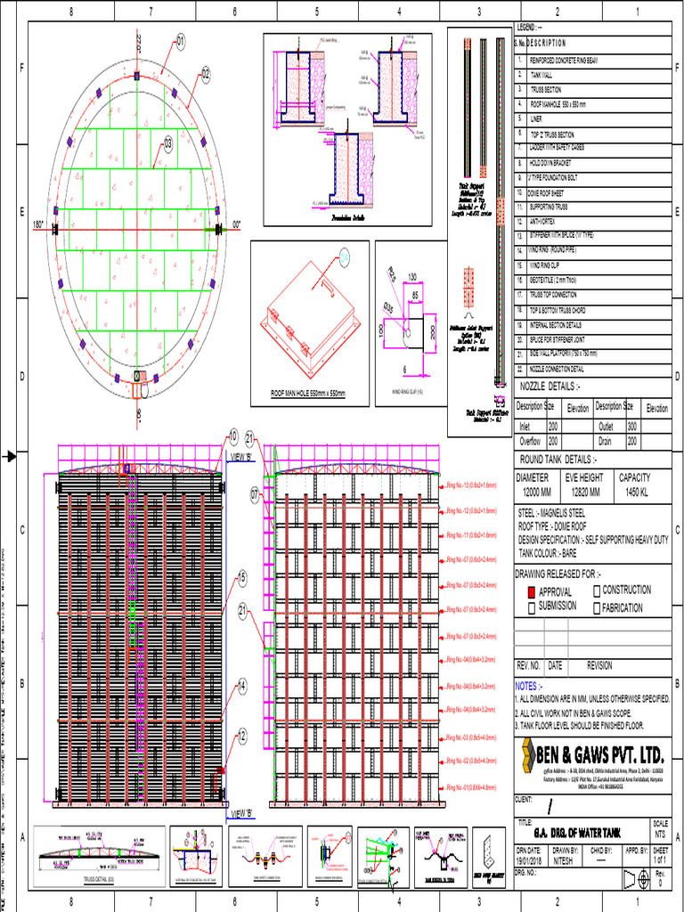 Water Tank Dia-12 0m X H-12 82 G A DRG | PDF | Truss | Structural ...