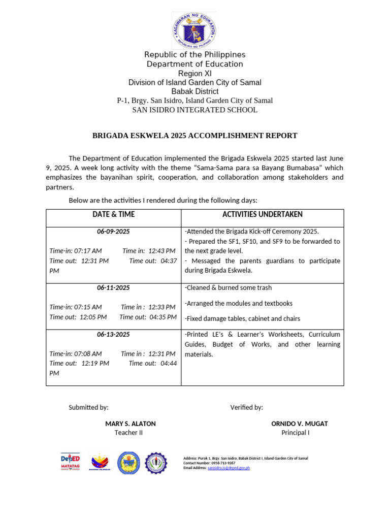 Brigada Accomplishment Report 2025 | PDF | Teaching | Education Theory
