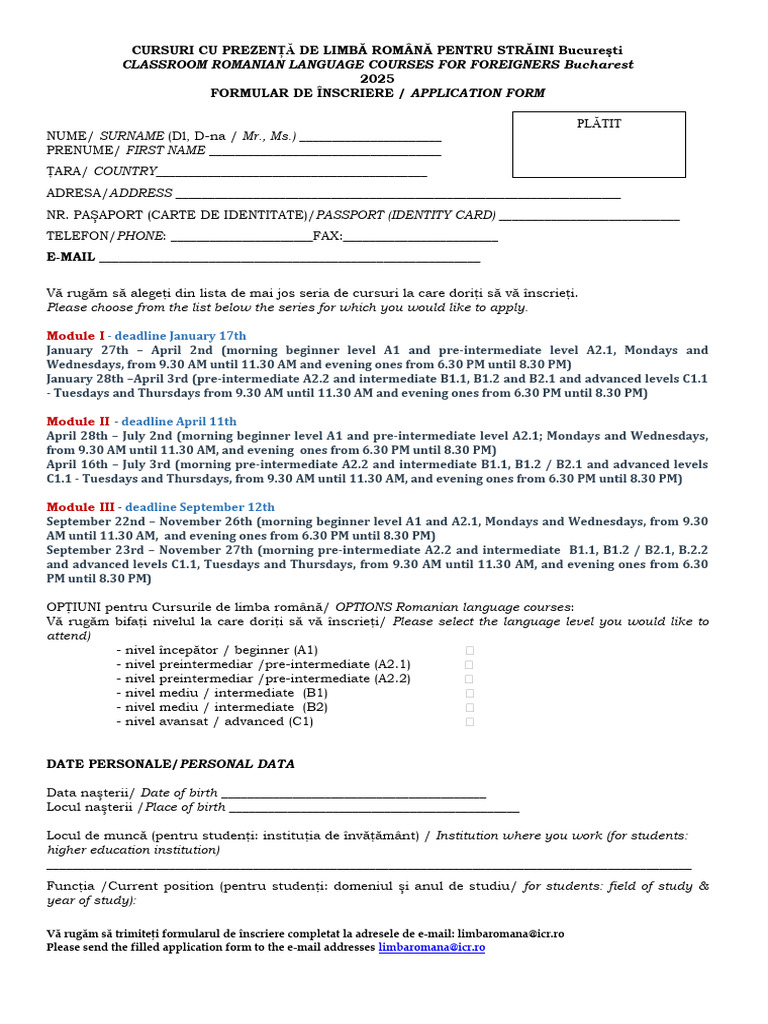 Application Form 2025 For Classroom Courses 1 | PDF | Linguistics | Romania