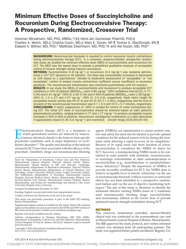 Minimum Effective Dose Succinylcholine | PDF | Electroconvulsive ...