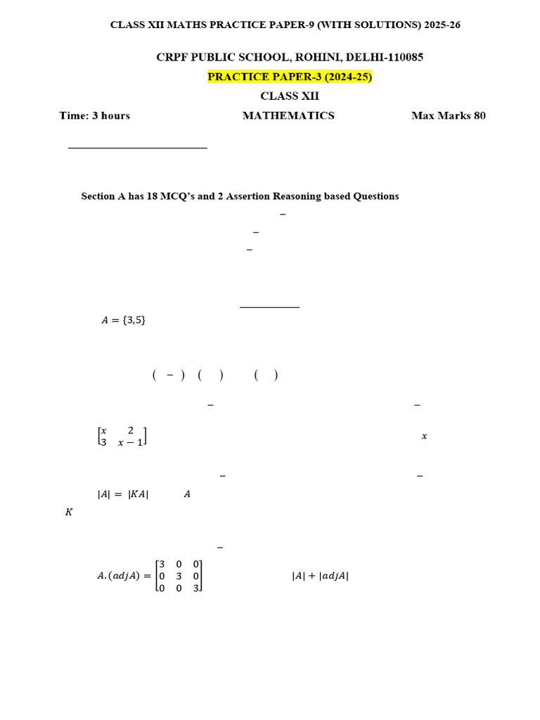 Class Xii Maths Practice Paper-9 (With Solutions) 2025-26 | PDF ...