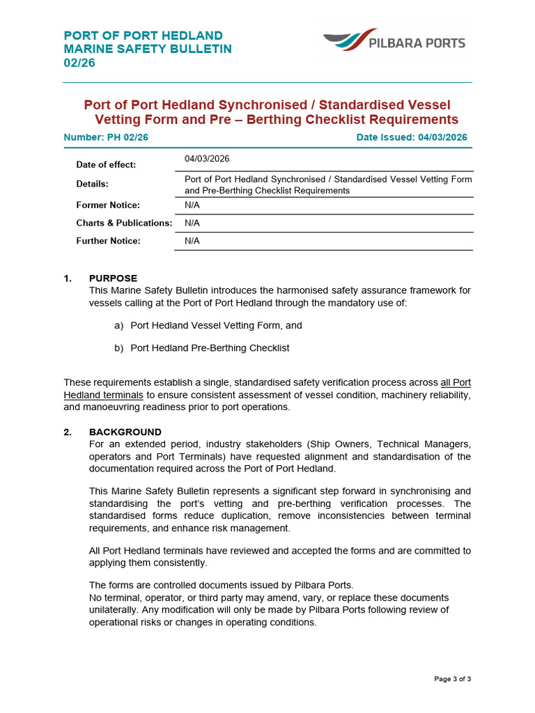 PH 02 26 Port of Port Hedland Synchronised Standardised Vessel Veting ...