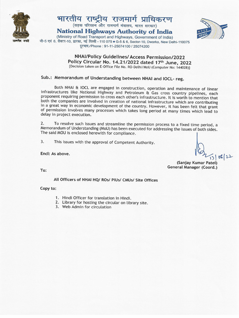17062022 Mou Between Nhai and Iocl | PDF