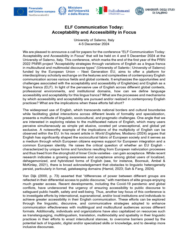 CFP - ELF Communication Today - UNISA (Rev) | PDF | Linguistics | Human ...