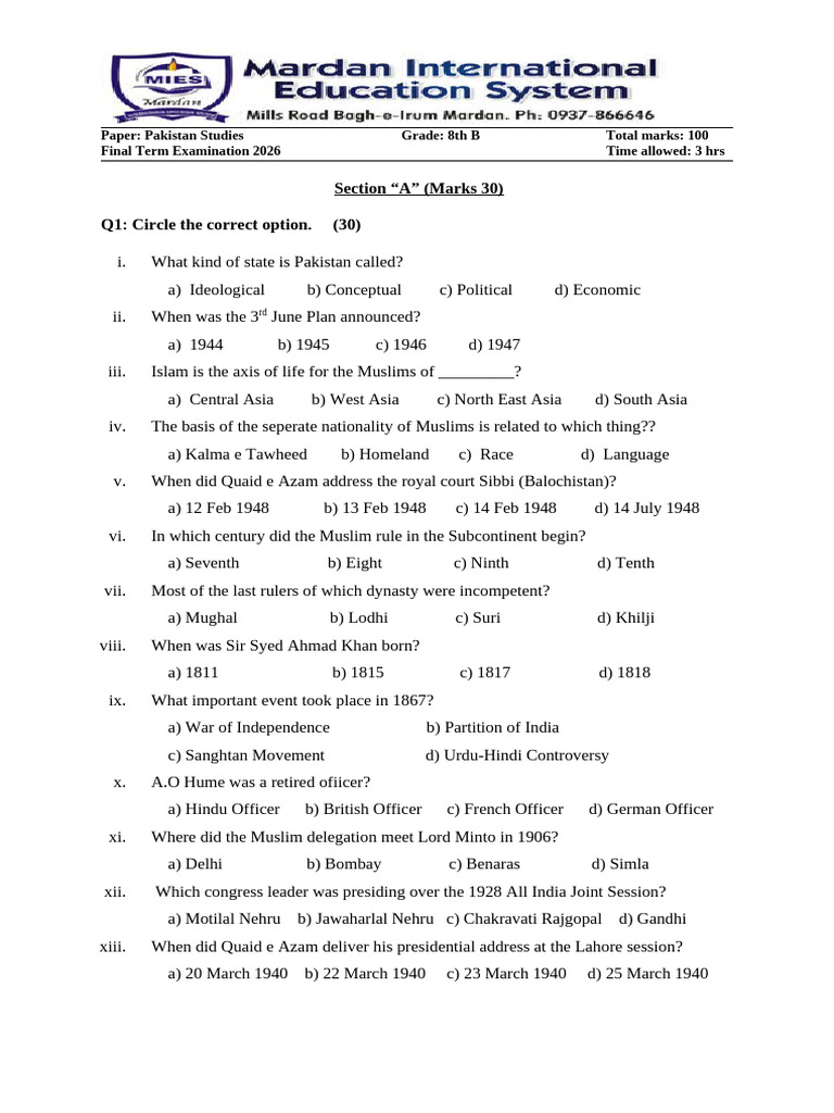 8th B Pakistan Studies Final Term Paper 2026 (English Version) | PDF ...