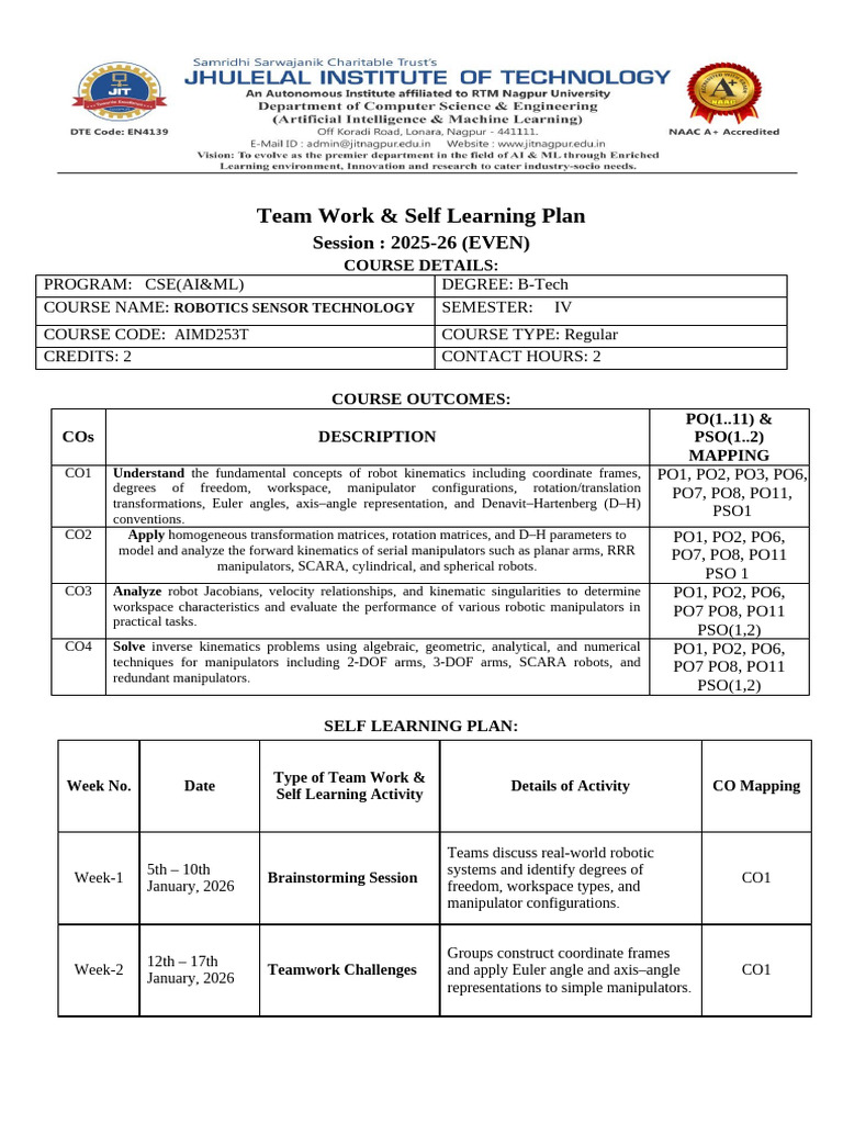 Team Work & Self Learning Plan Format (RK) VI Sem | PDF | Kinematics ...