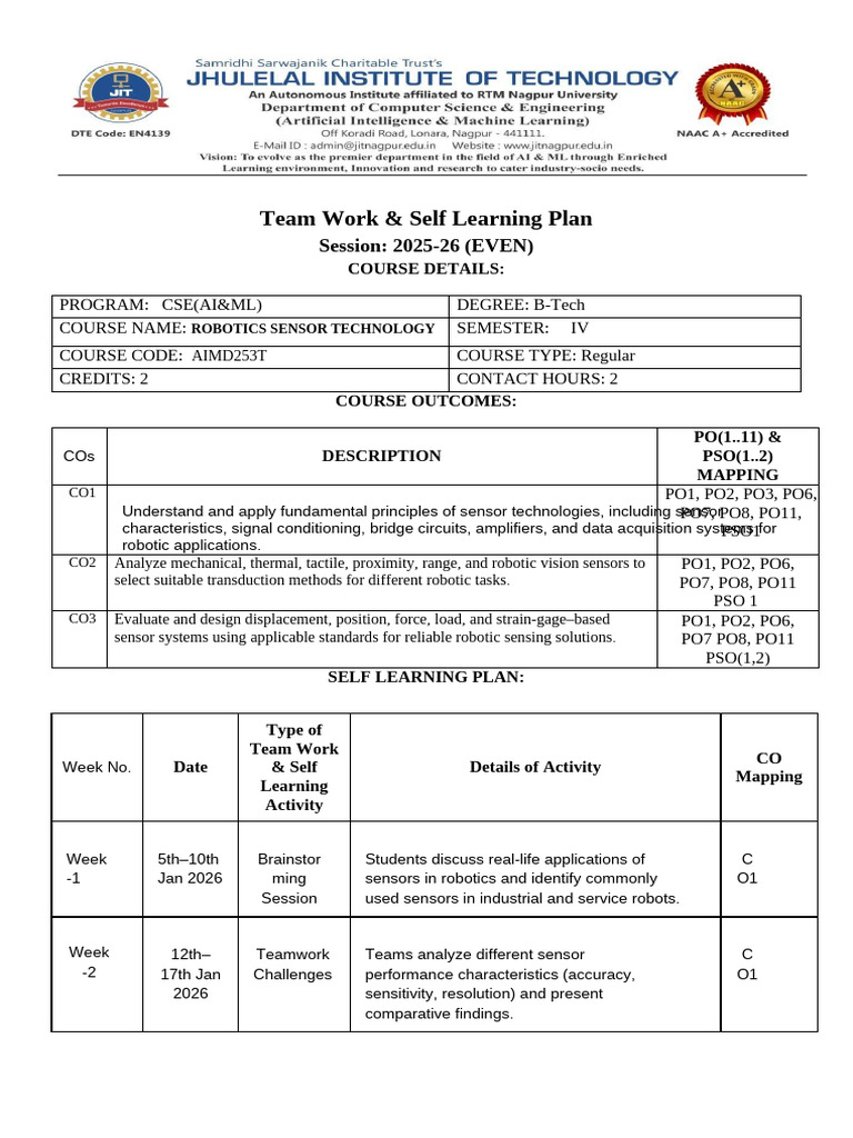 Team Work & Self Learning Plan Format (RSN) IV Sem | PDF | Sensor ...