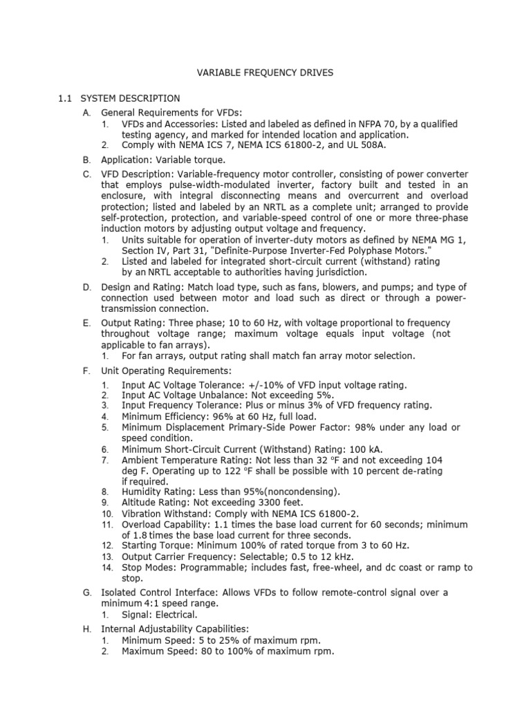 Variable Frequency Drive Specifications | PDF | Electric Motor ...