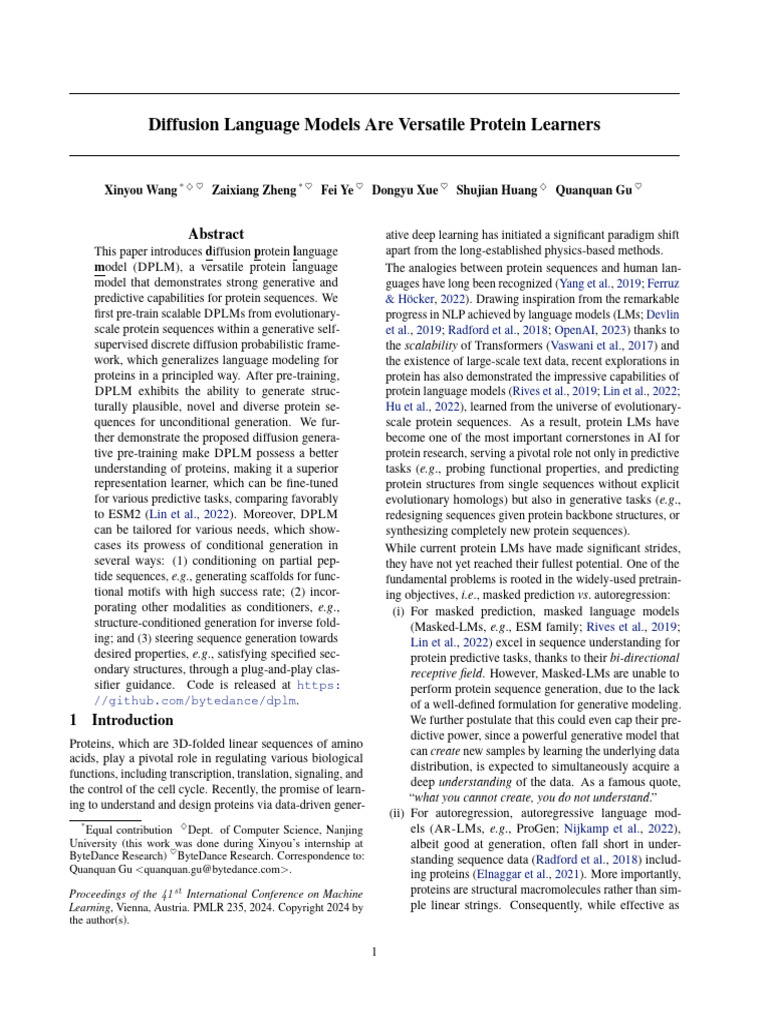 Diffusion Language Models Are Versatile Protein Learners | PDF ...