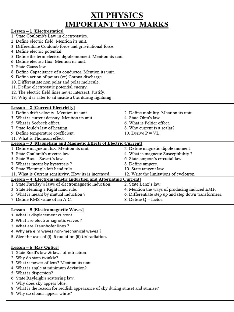 12th Physics EM - Important 2 Marks Questions - English Medium - PDF ...