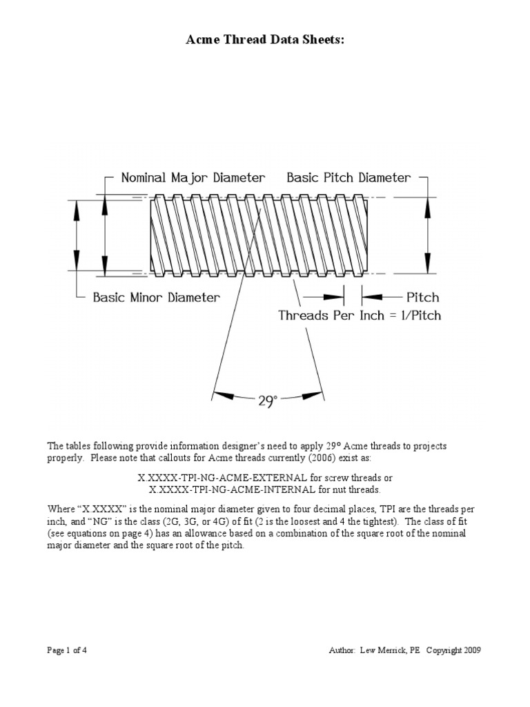 Acme Thread Data Sheets | Screw | Mechanical Engineering