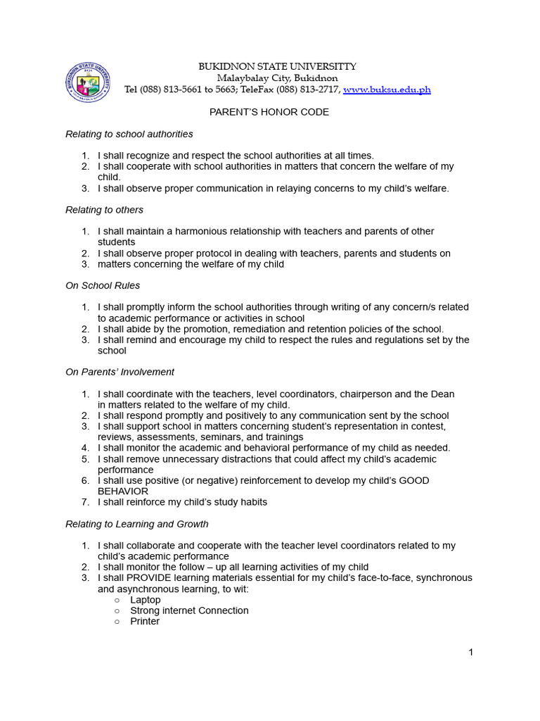 2023 Parents Honor Code | PDF | Behavior Modification | Behavioural ...