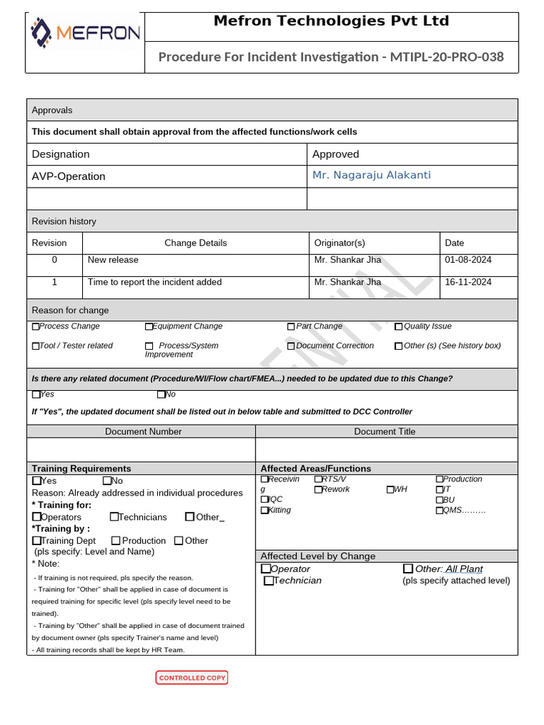 MTIPL-20-PRO-038 Procedure For Incident Investigation | PDF | Emergency ...