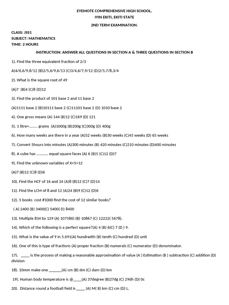 Mathematics JSS1 (MRS Lawrence) | PDF | Elementary Mathematics | Arithmetic