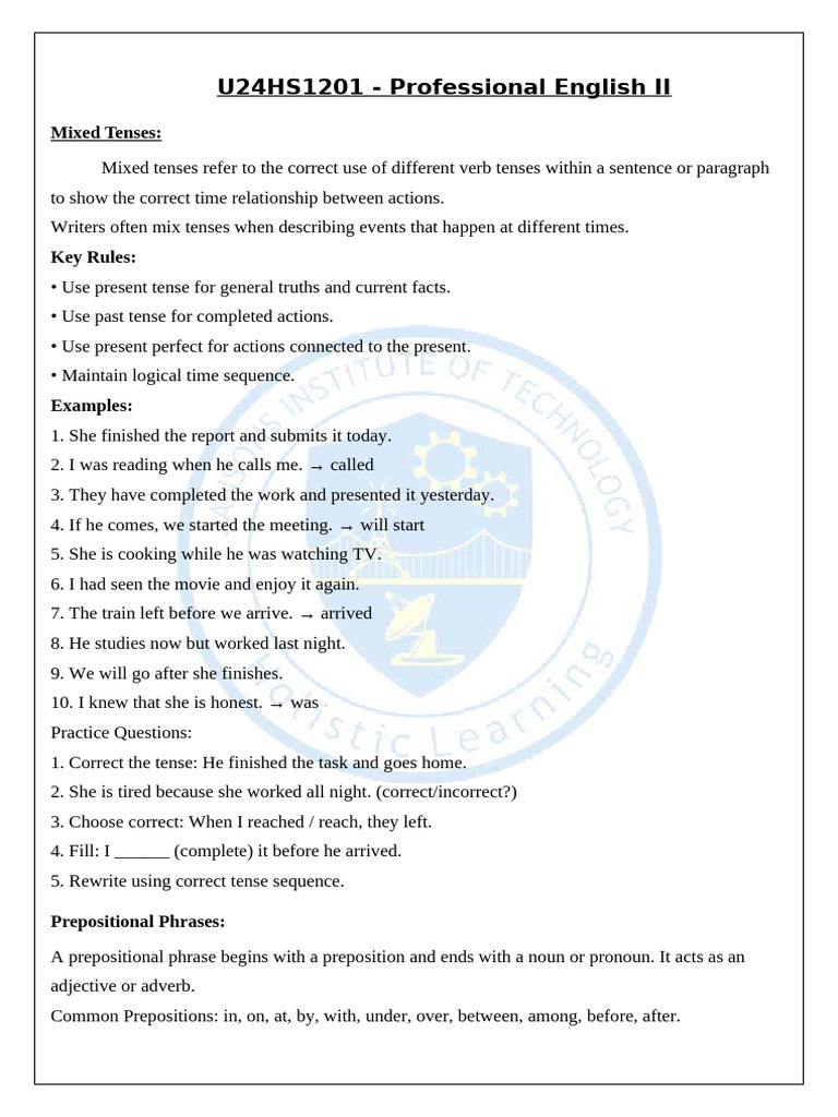 Professional English II Study Material | PDF | Verb | Subject (Grammar)