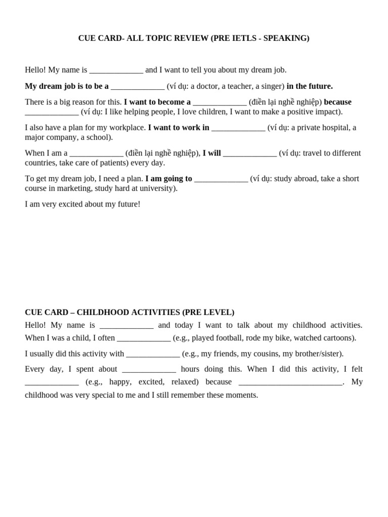 Cue Card Level Pre Speaking Ôn Tập | PDF