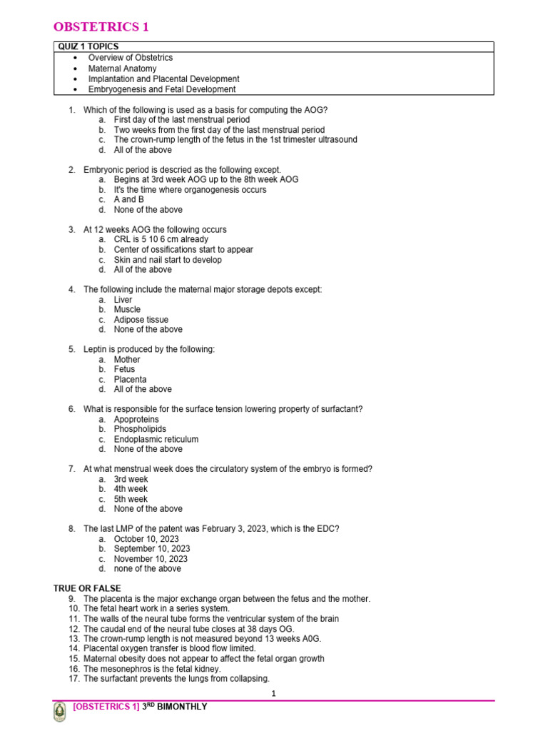 Ob Quiz 1 | PDF | Maternal Death | Infant Mortality