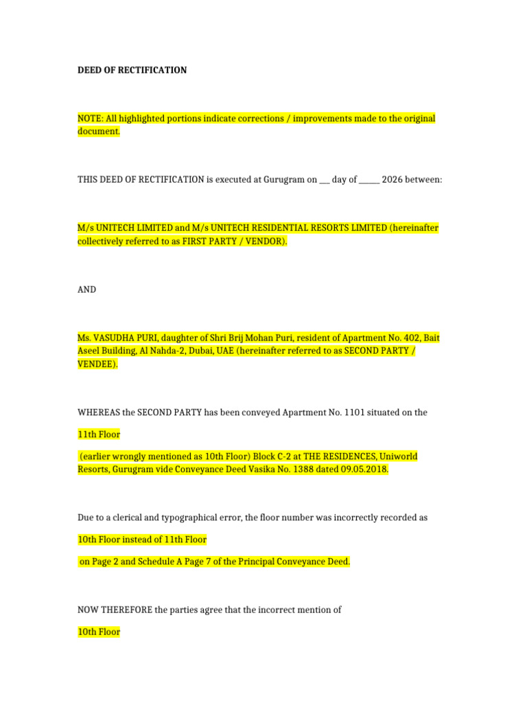 Rectification Deed Highlighted | PDF