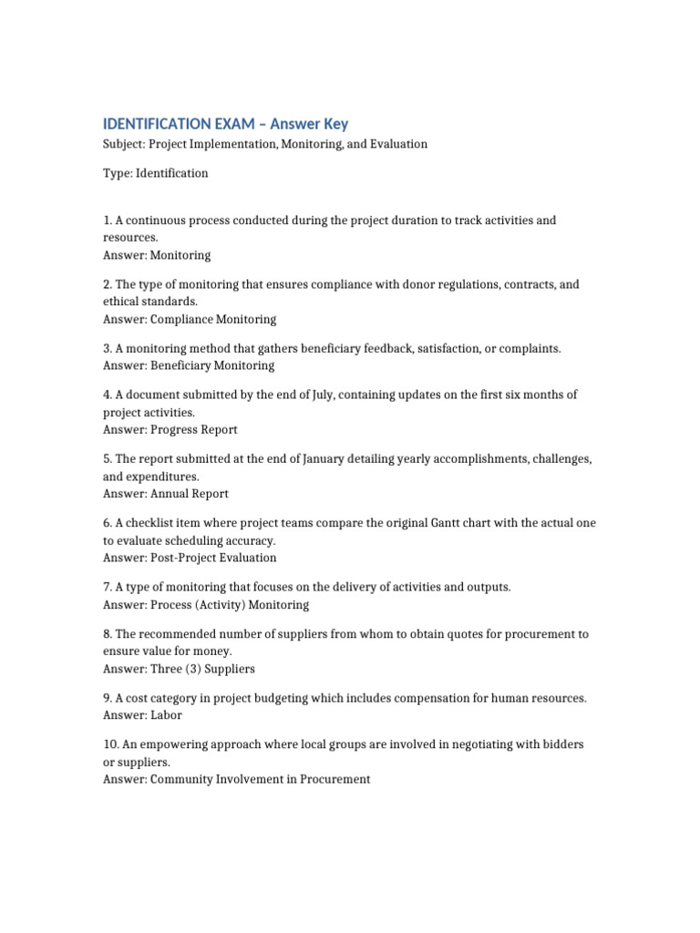 Identification Exam Answer Key Project Implementation | PDF ...