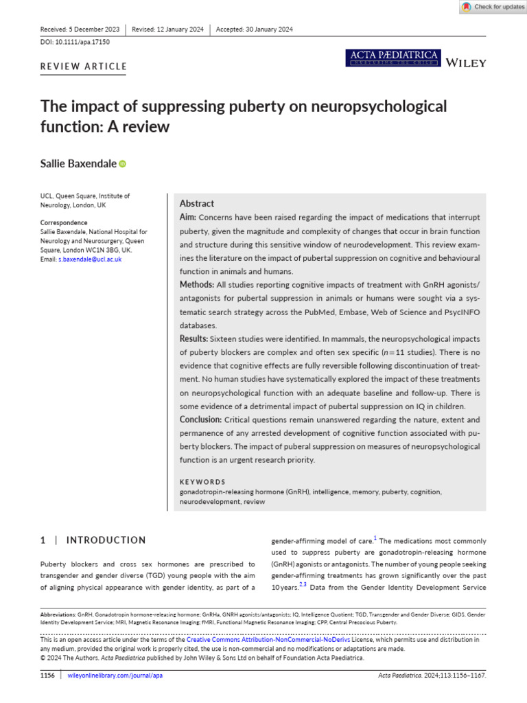 Acta Paediatrica - 2024 - Baxendale - The Impact of Suppressing Puberty ...