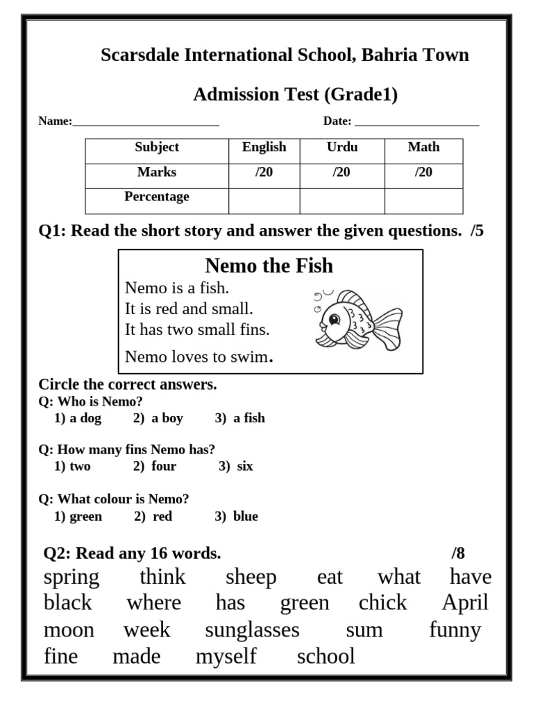 Admission Test Class 1 | PDF