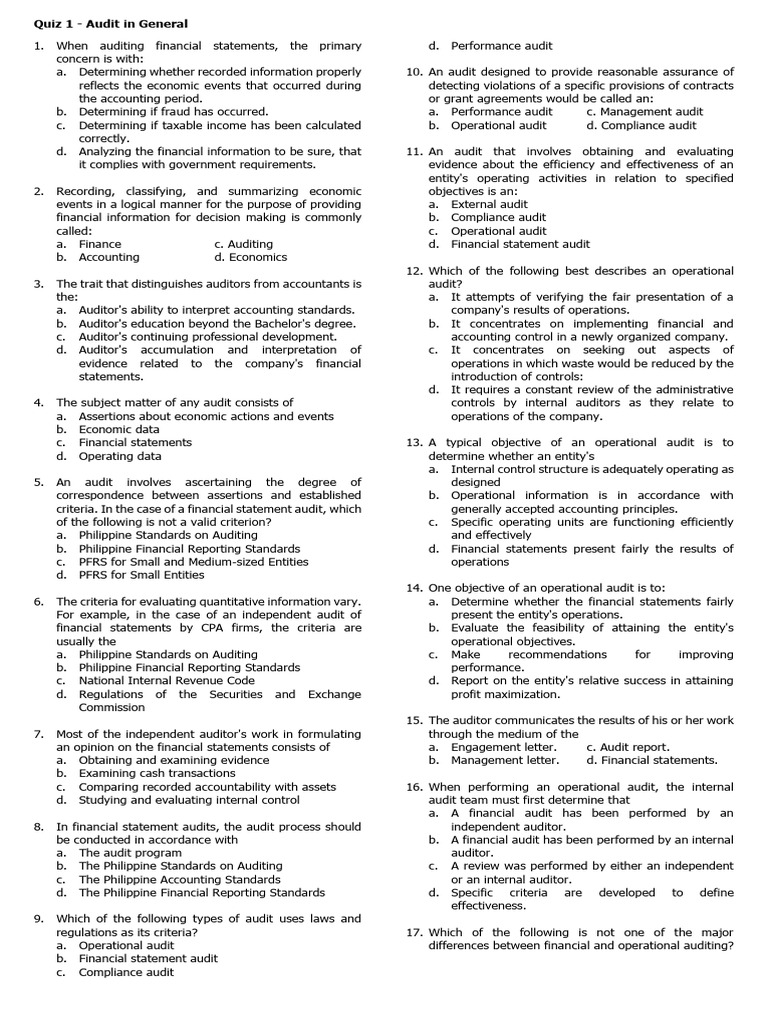 Quiz 1 - Audit in General (Printable) | PDF | Audit | Financial Audit