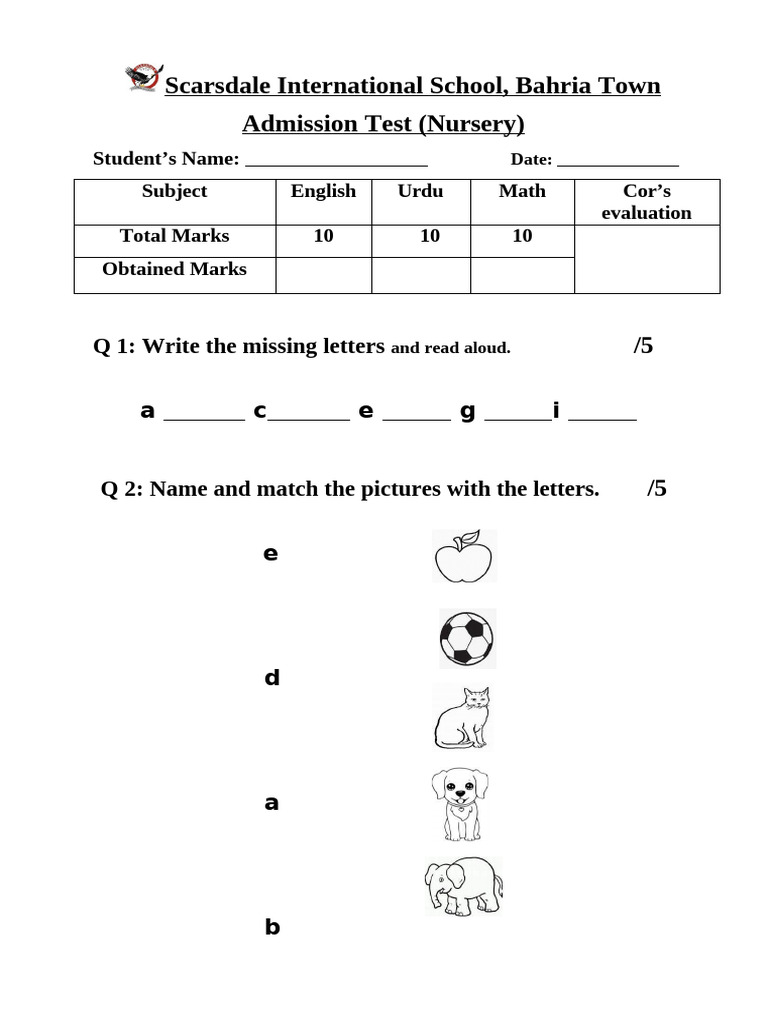 Admission Test Nursery Final | PDF