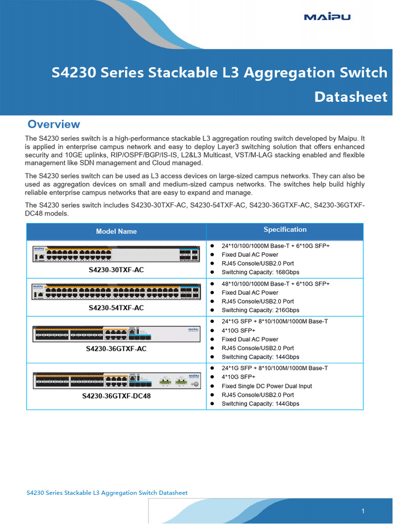 S4230 Series L3 Stackable 10G Aggregation Switch Datasheet - 20250520 ...