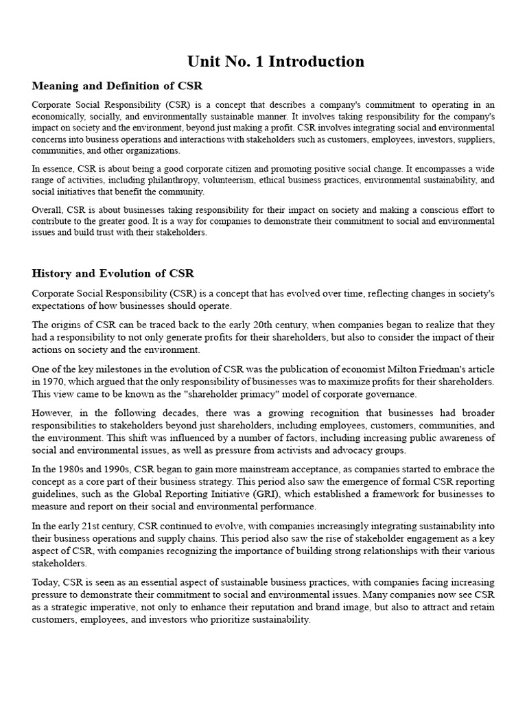 CSR UNIT 1 Introduction To CSR | PDF | Corporate Social Responsibility ...