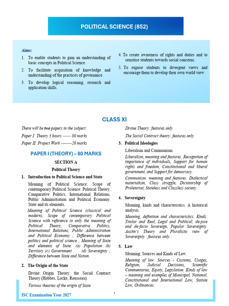 Political Science ISC Board Class 11th Syllabus Humanities | PDF ...