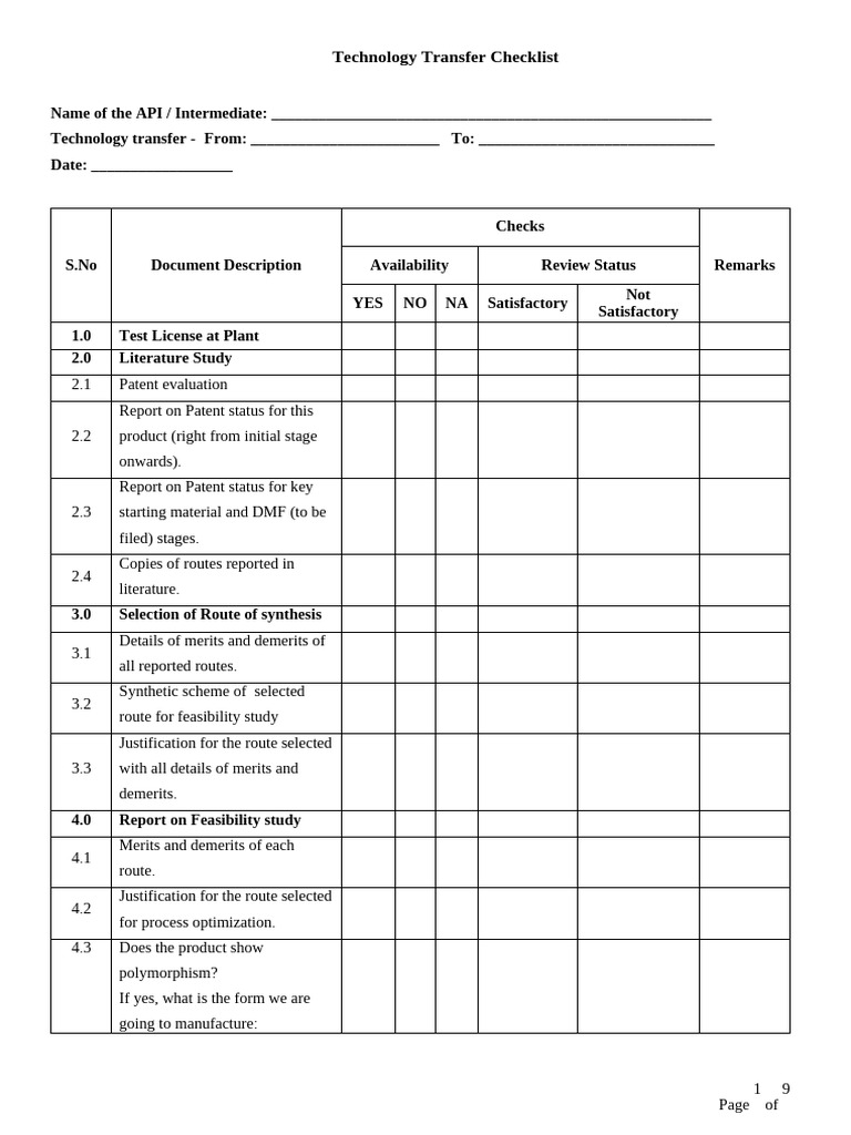 Technology Transfer Checklist | PDF | Specification (Technical Standard ...