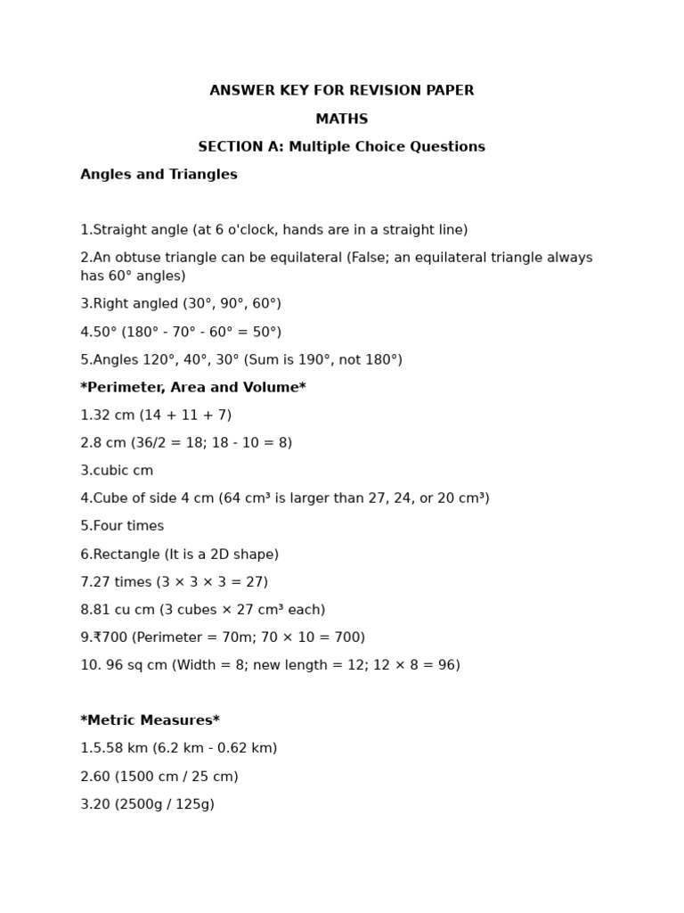 Maths Revision Paper Answer Key | PDF | Triangle | Area