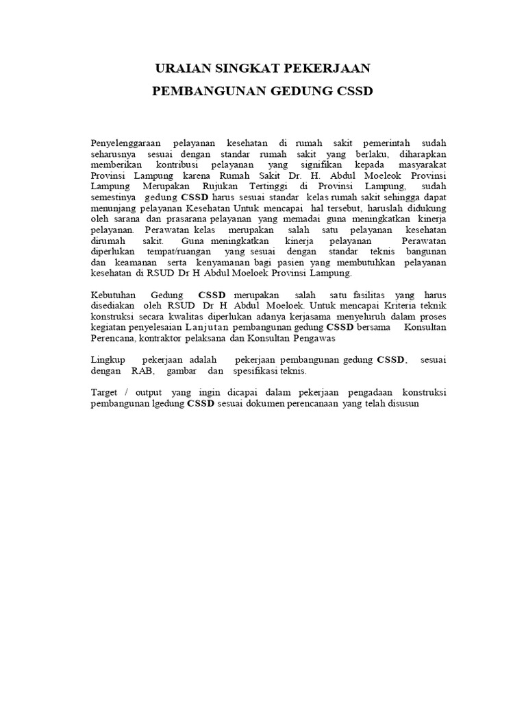 Uraian Singkat Pekerjaan Gedung CSSD | PDF