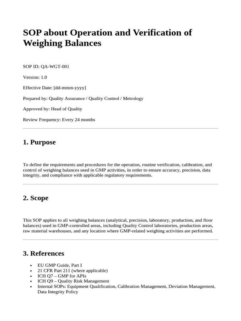SOP About Operation and Verification of Weighing Balances | PDF ...