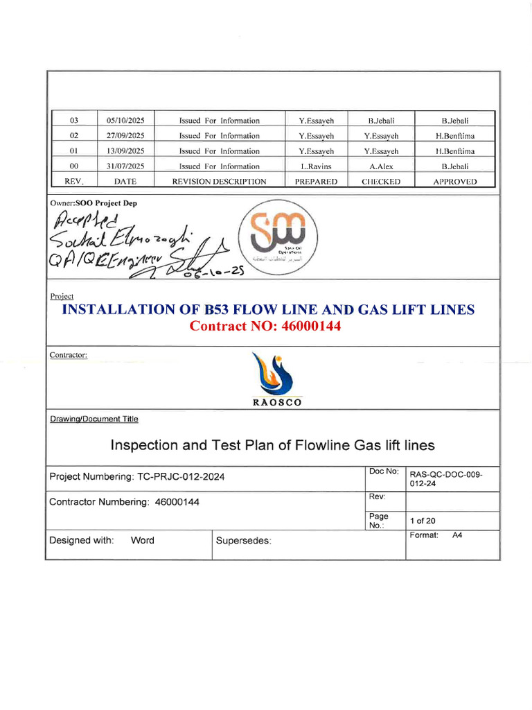 Inspection and Test Plan of Flowline and Gaslift Lines REV03 | PDF ...