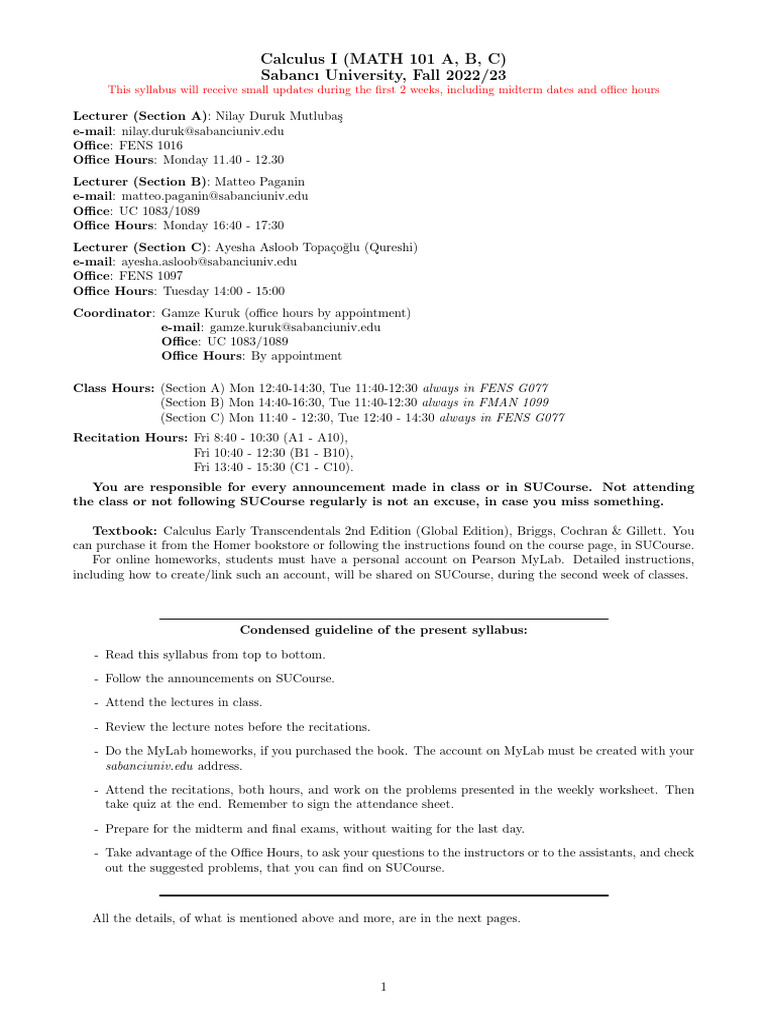 Math 101 - Syllabus - First Week | PDF | Derivative | Integral