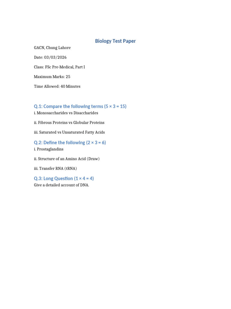Biology Test Paper 03-03-2026-1 | PDF