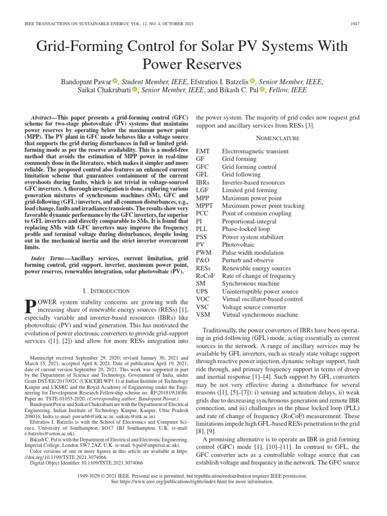 Grid-Forming Control for Solar PV Systems With Power Reserves | PDF ...