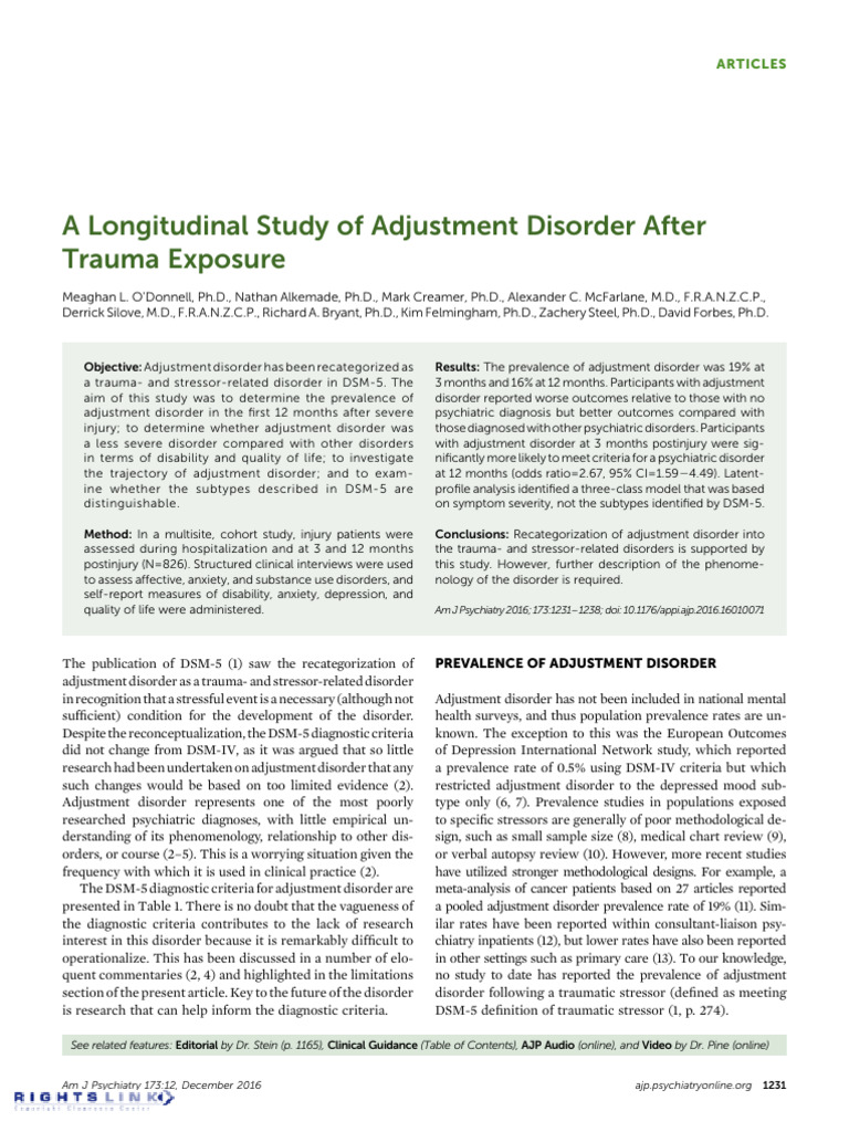 O Donnell Et Al 2016 A Longitudinal Study of Adjustment Disorder After ...