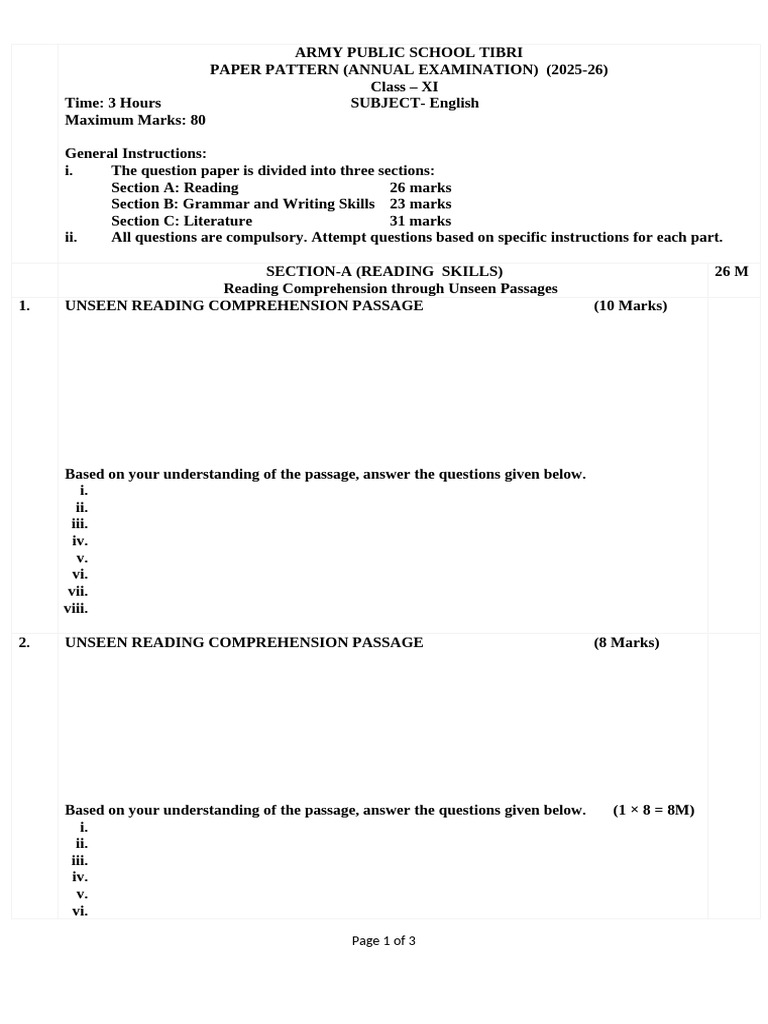 Class XI English (Paper Pattern) Annual Examination 2025-26 | PDF ...