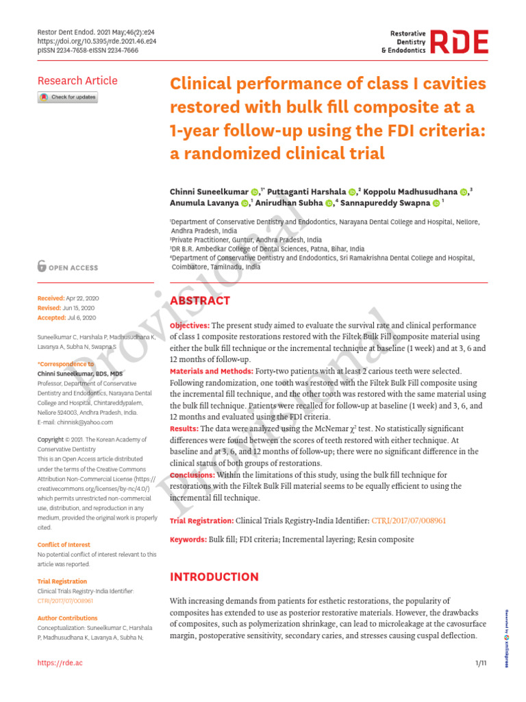 Clinical Performance of Class I Cavities Restored With Bulk Fill ...