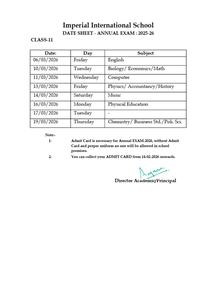 11 Class Ae Date Sheet 2025-26 | PDF
