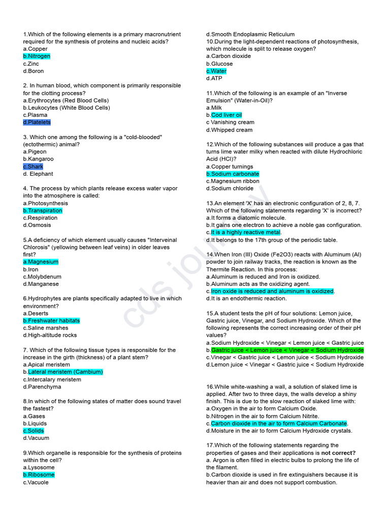 CDS GS Ans Key 08 March | PDF | Chemical Reactions | Blood