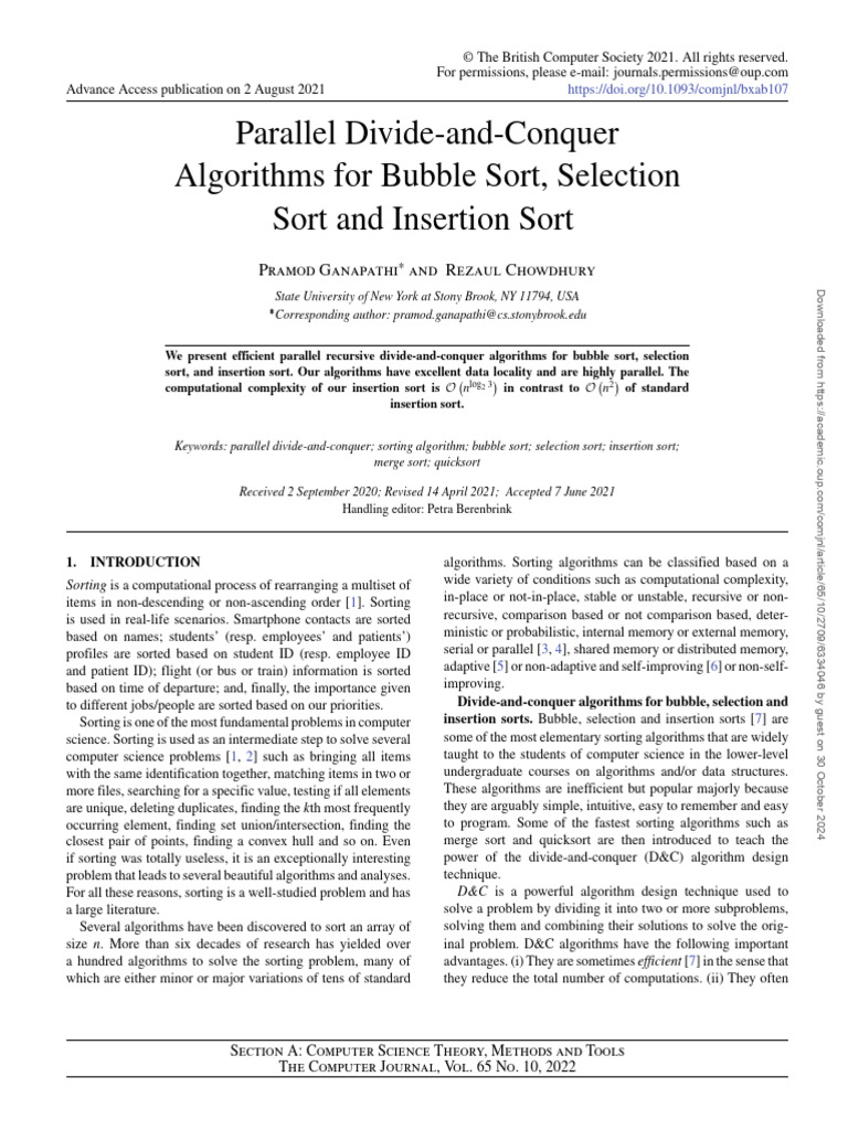 2) Parallel Divide-and-Conquer Algorithms For Bubble Sort, Selection ...