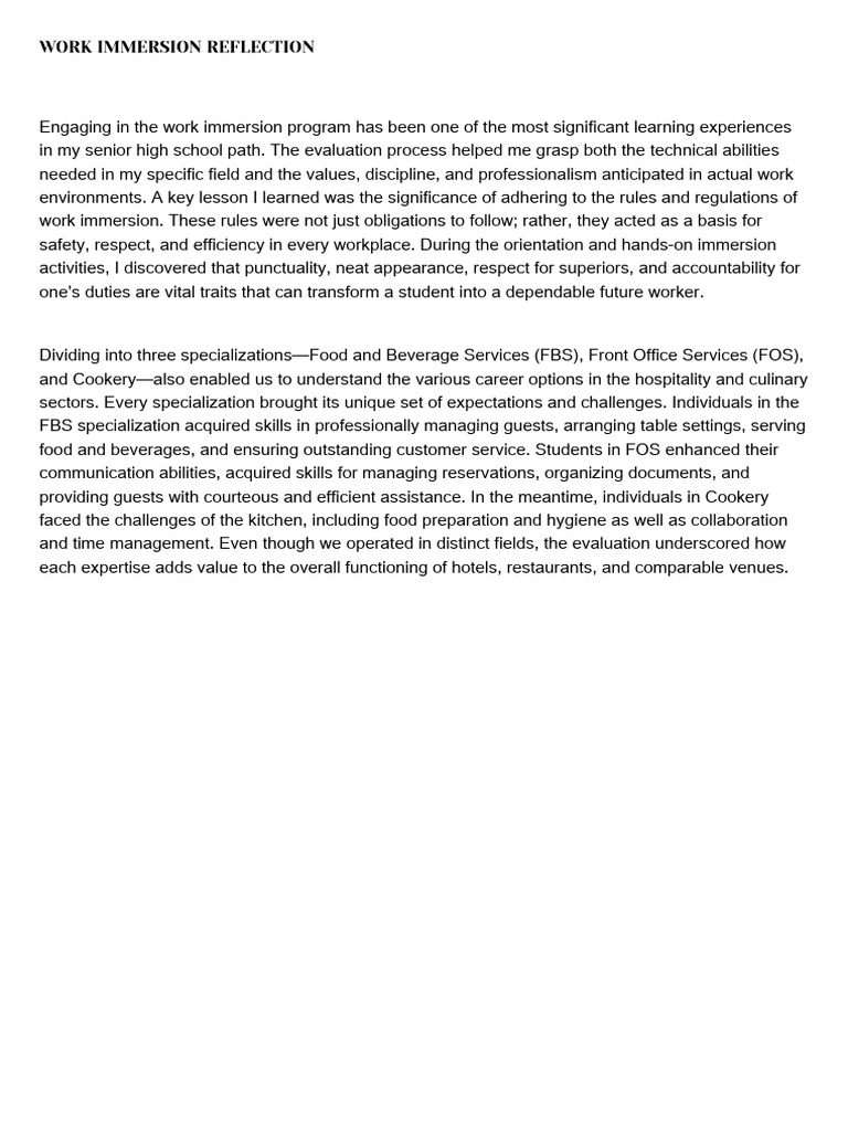 Work Immersion Reflection PDF | PDF