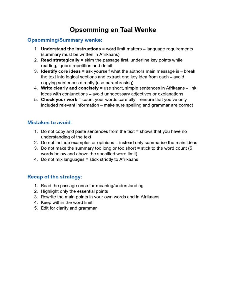 Opsomming Wenke | PDF
